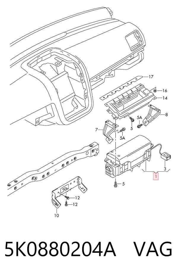 Подушка безпеки, пасажирська, AIRBAG 5K0880204A VAG