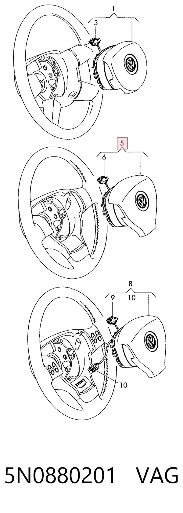 Подушка безпеки, водійська, AIRBAG 5N0880201 VAG