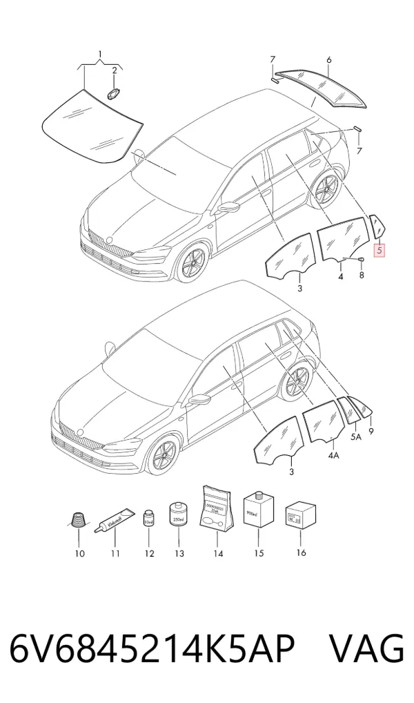 Скло-кватирка двері, задній, правій 6V6845214K5AP VAG