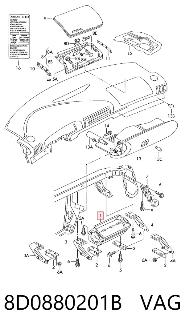 Подушка безпеки, пасажирська, AIRBAG 8D0880201B VAG