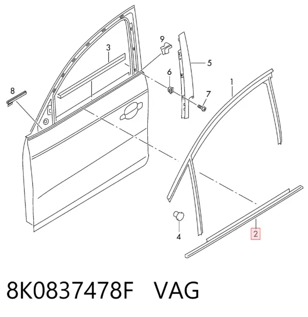 Молдинг опускного скла нижній, двері передньої, правої 8K0837478F VAG