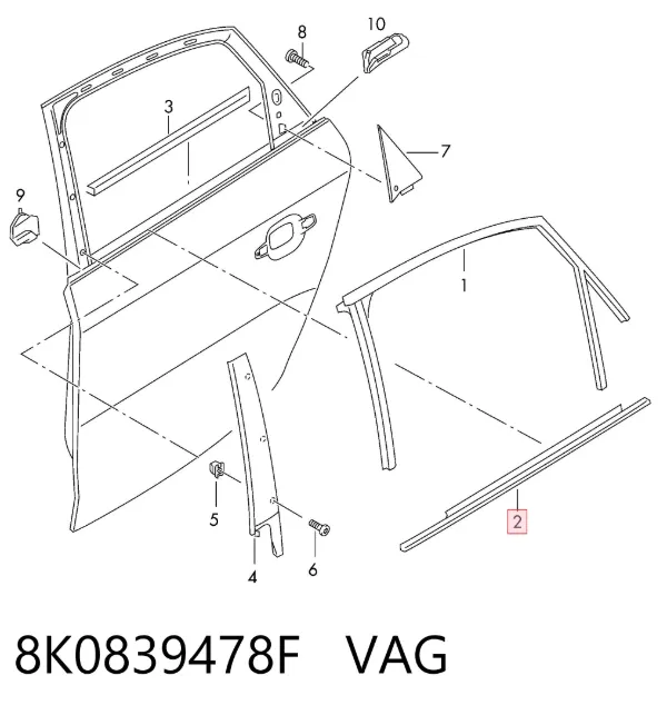 Молдинг опускного скла нижній, двері задньої, правої 8K0839478F VAG