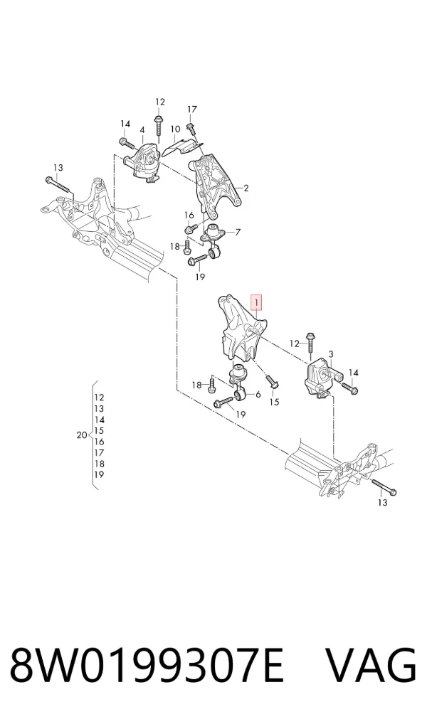 Кронштейн подушки (опори) двигуна, лівої 8W0199307E VAG
