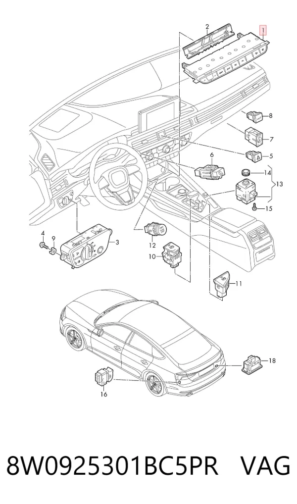 Блок кнопок центральної консолі 8W0925301BC5PR VAG