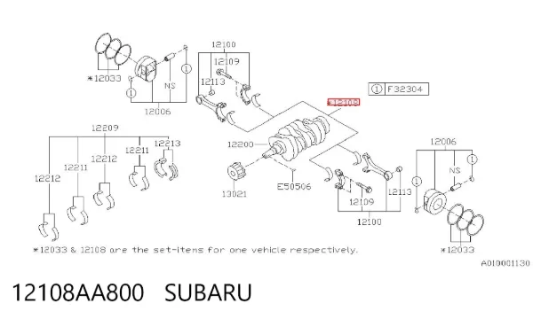 Вкладиші колінвала, шатунні, комплект, 1-й ремонт (+0,25) 12108AA800 Subaru