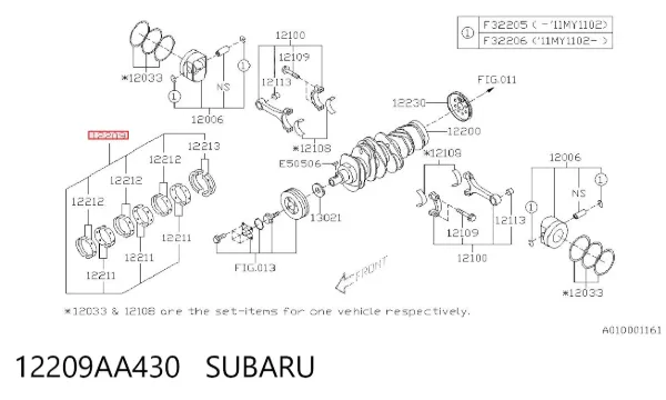 Вкладиші колінвала, корінні, комплект, 1-й ремонт (+0,25) 12209AA430 Subaru