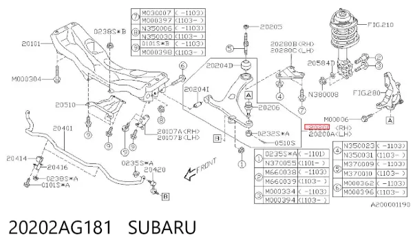 Важіль передньої підвіски нижній, правий 20202AG181 Subaru