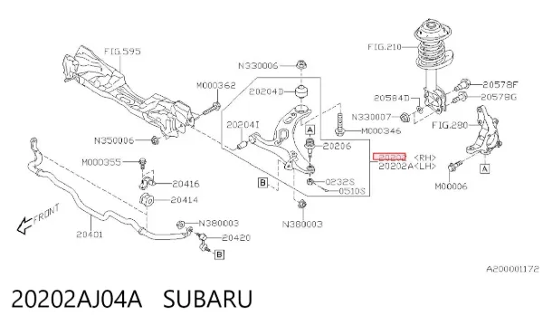 Важіль задньої підвіски нижній, правий 20202AJ04A Subaru
