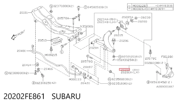 Важіль передньої підвіски нижній, правий 20202FE861 Subaru