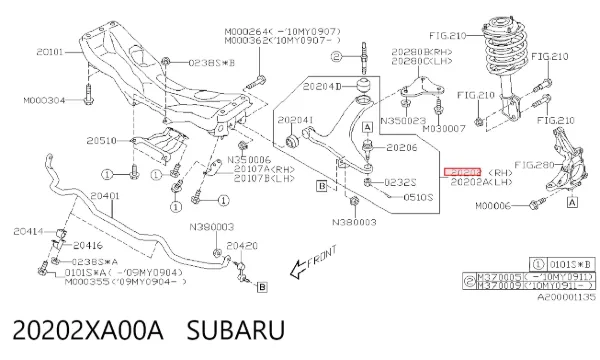Важіль передньої підвіски нижній, правий 20202XA00A Subaru