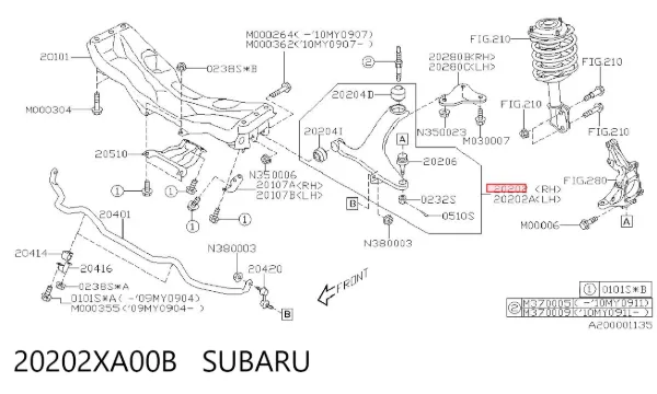 Важіль передньої підвіски нижній, правий 20202XA00B Subaru