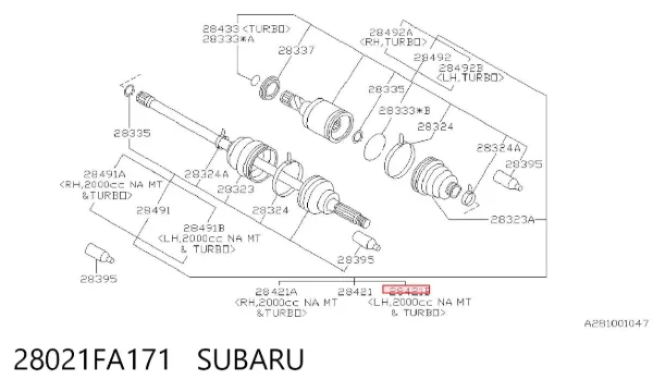 Піввісь задня, ліва 28021FA171 Subaru
