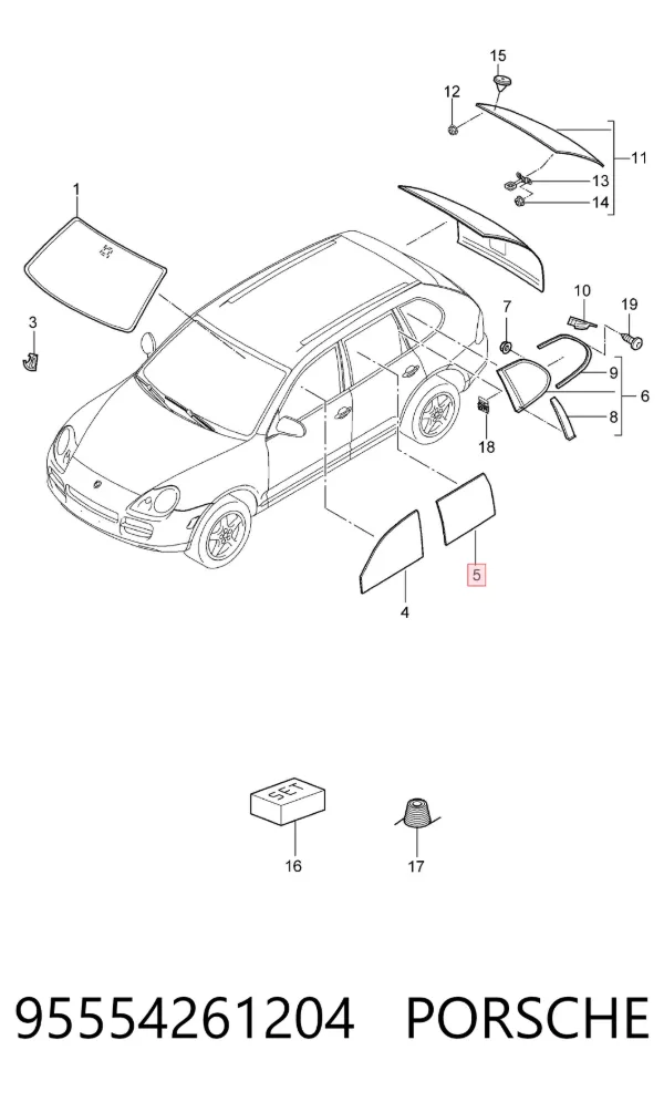 Скло задньої двері правої 95554261204 Porsche