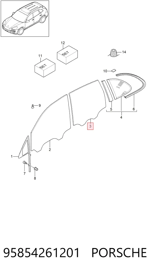 Скло задньої двері правої 95854261201 Porsche