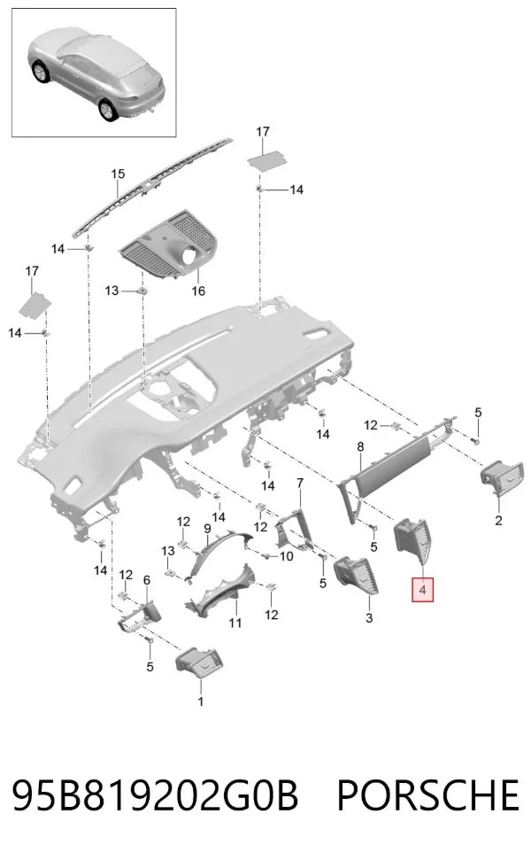 Решітка вентиляції салону на "торпедо" 95B819202G0B Porsche