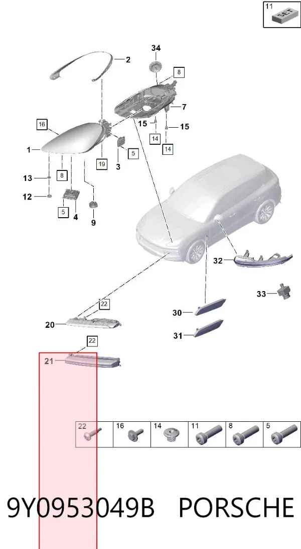 Габарит (покажчик повороту) в бампері, лівий 9Y0953049B Porsche