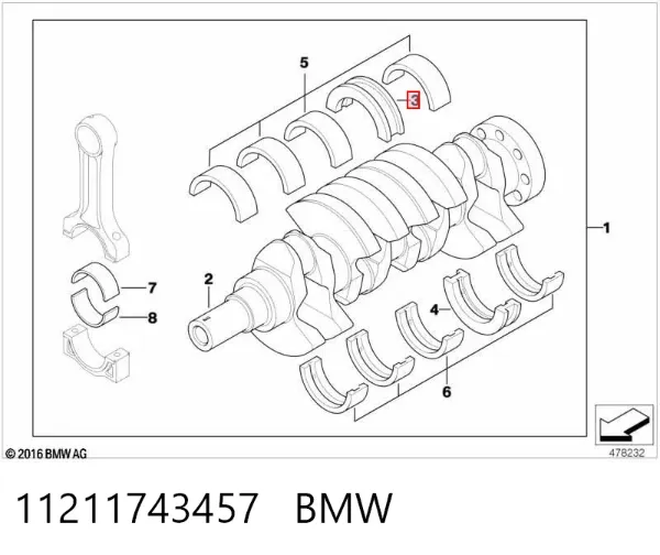 Вкладиші колінвала, корінні, комплект, 1-й ремонт (+0,25) 11211743457 BMW