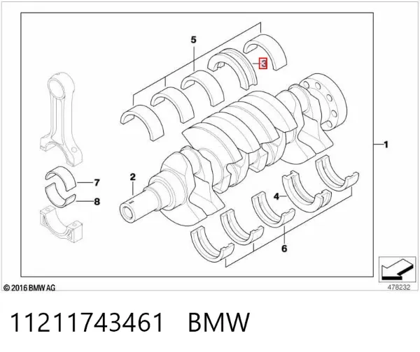 Вкладиші колінвала, корінні, комплект, стандарт (STD) 11211743461 BMW