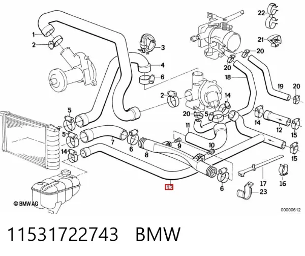 Шланг/патрубок радіатора охолодження, нижній 11531722743 BMW