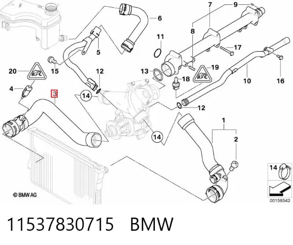 Шланг/патрубок радіатора охолодження, нижній 11537830715 BMW