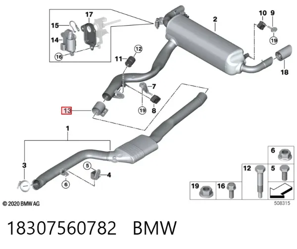 Кронштейн/хомут глушника, передній 18307560782 BMW