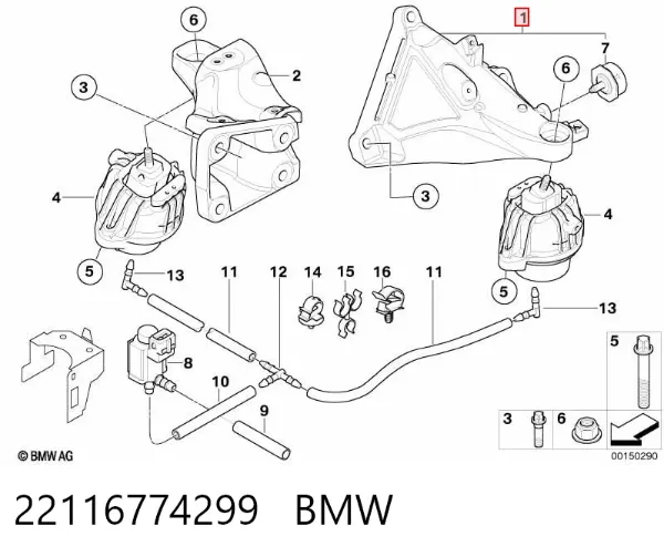 Кронштейн подушки (опори) двигуна, лівої 22116774299 BMW