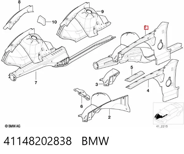 Панель бризковика (лонжерону) моторного відсіку, права 41148202838 BMW