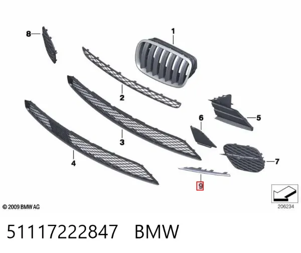 Молдинг решітки переднього бампера, лівий 51117222847 BMW