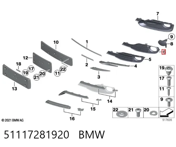 Решітка переднього бампера, права 51117281920 BMW