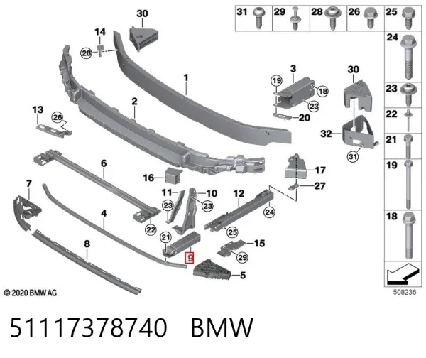 Кронштейн підсилювача переднього бампера 51117378740 BMW