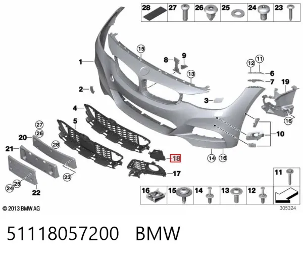 Решітка переднього бампера, права 51118057200 BMW