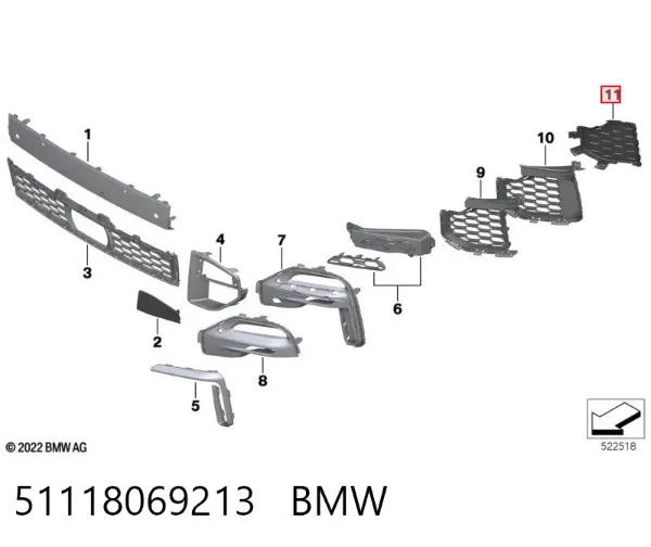 Решітка переднього бампера, ліва 51118069213 BMW