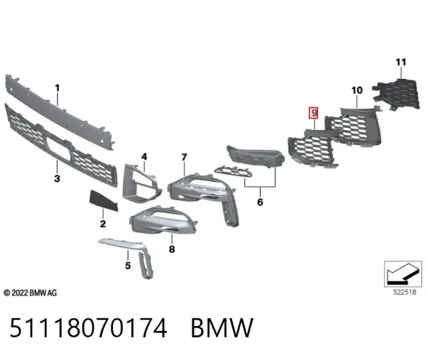 Решітка переднього бампера, права 51118070174 BMW