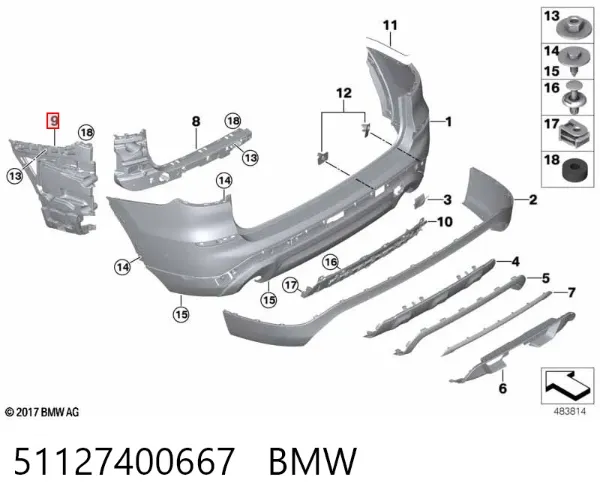 Направляюча заднього бампера, ліва 51127400667 BMW