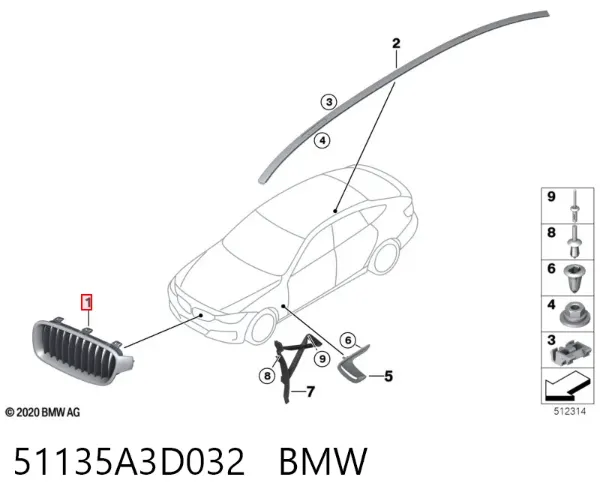Решітка радіатора права 51135A3D032 BMW