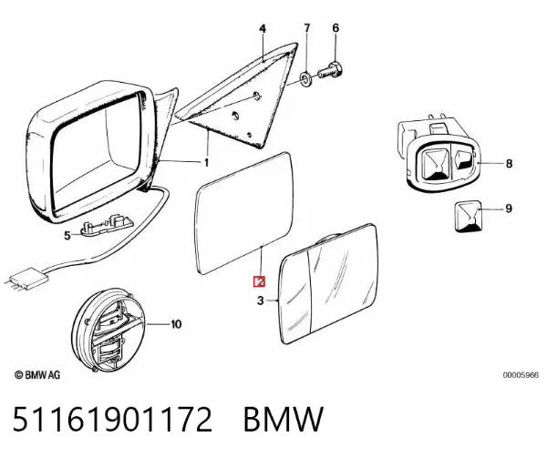 Дзеркальний елемент дзеркала заднього виду, правого 51161901172 BMW