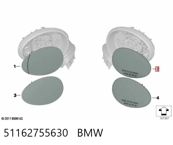 Дзеркальний елемент дзеркала заднього виду, правого 51162755630 BMW
