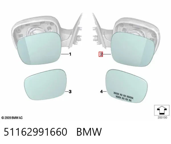 Дзеркальний елемент дзеркала заднього виду, правого 51162991660 BMW
