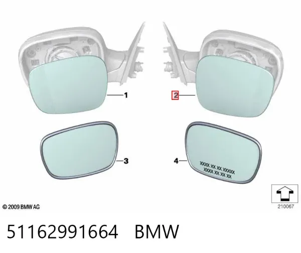 Дзеркальний елемент дзеркала заднього виду, правого 51162991664 BMW