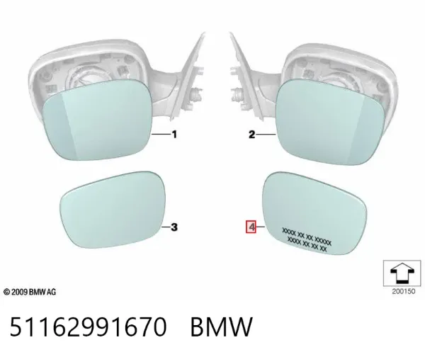 Дзеркальний елемент дзеркала заднього виду, правого 51162991670 BMW