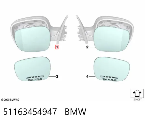 Дзеркальний елемент дзеркала заднього виду, лівого 51163454947 BMW