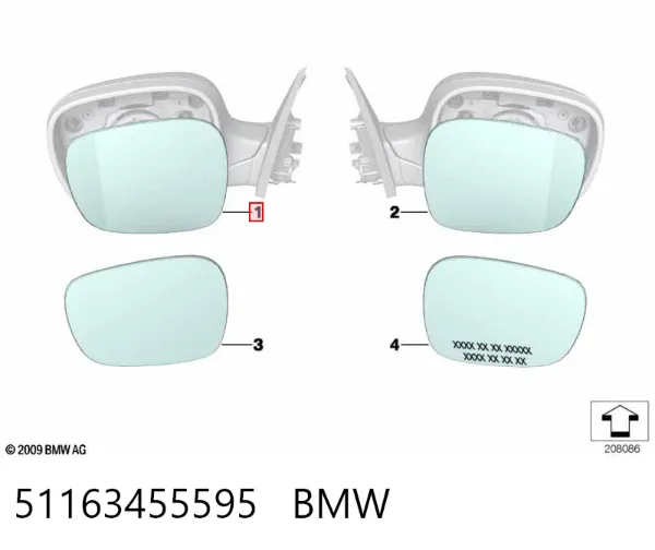 Дзеркальний елемент дзеркала заднього виду, лівого 51163455595 BMW