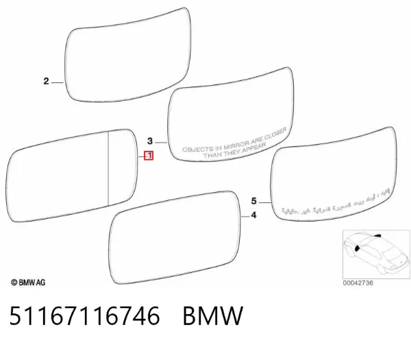 Дзеркальний елемент дзеркала заднього виду, правого 51167116746 BMW