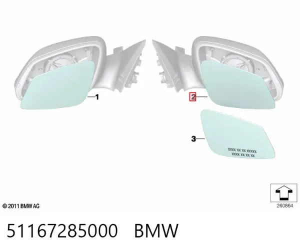 Дзеркальний елемент дзеркала заднього виду, правого 51167285000 BMW