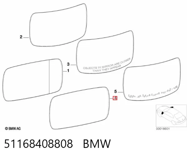 Дзеркальний елемент дзеркала заднього виду, правого 51168408808 BMW