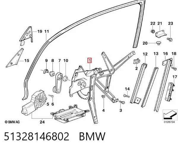 Механізм склопідіймача двері передньої, правої 51328146802 BMW