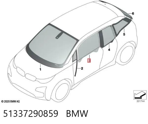 Скло передніх дверей, лівою 51337290859 BMW