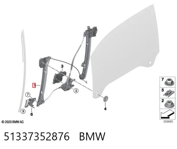 Механізм склопідіймача двері передньої, правої 51337352876 BMW