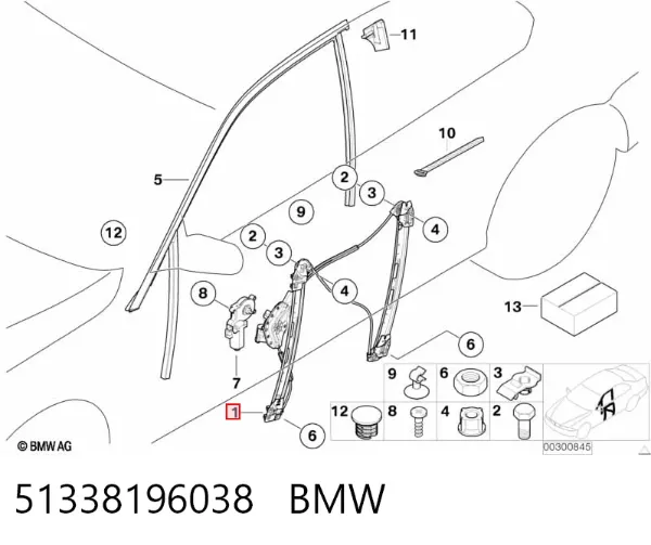 Механізм склопідіймача двері передньої, правої 51338196038 BMW