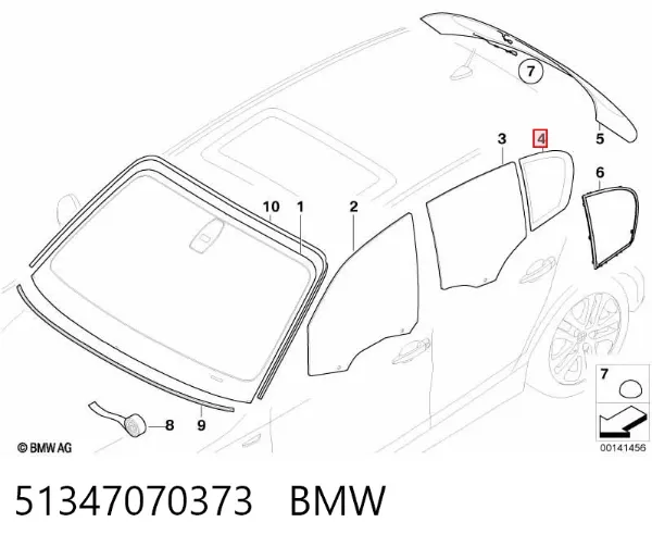 Скло-кватирка двері, задній, лівою 51347070373 BMW